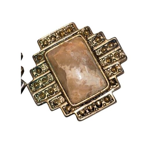 Vtg Gold-toned Metal Earrings w Marbled Stone Center Piece, Statement Retro - Picture 2 of 3